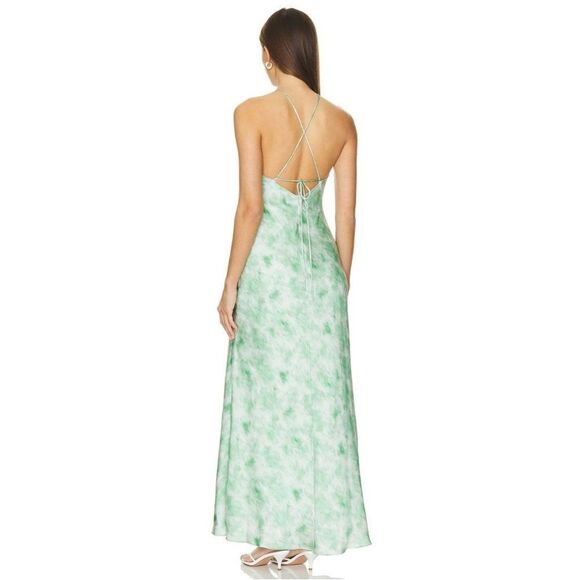 New ASTR Lace Up Satin Slip Midi Elynor Dress in Green Abstract - Picture 2 of 5
